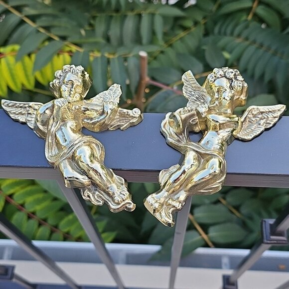 Vintage Cherubs Wall Decor Metal Angels Music Instrument Figures Golden Lot Of 2 - Picture 1 of 14